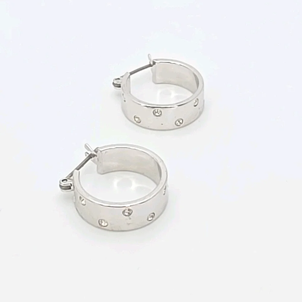Vintage SWAROVSKI Signed Hoop Earrings Wide Crystal Studded Rhodium Plate Hinged